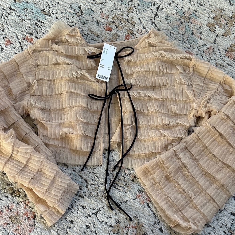 Kimchi Blue Beige Textured Blouse with Black Tie - Picture 1 of 4